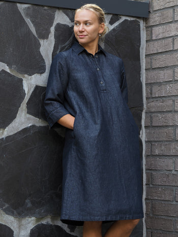 JANINA pellavadenimmekko, tumma denimin sininen