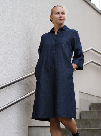 JANINA pellavadenimmekko, denimsininen